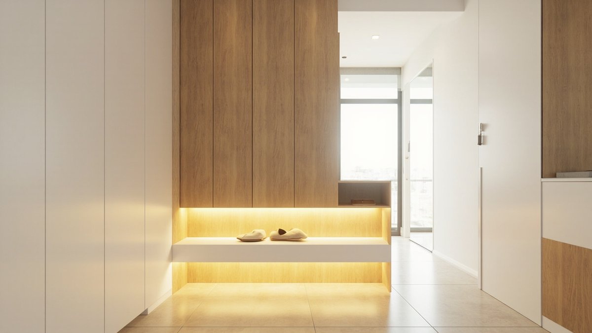 Illustrative concept design: tall oak and white shoe cabinets around a floating bench niche lit by warm LED in a condo entrance