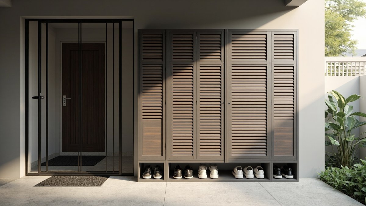 Illustrative concept design: wood-grain aluminium shoe cabinet with louvred doors under a covered porch beside the main door grille