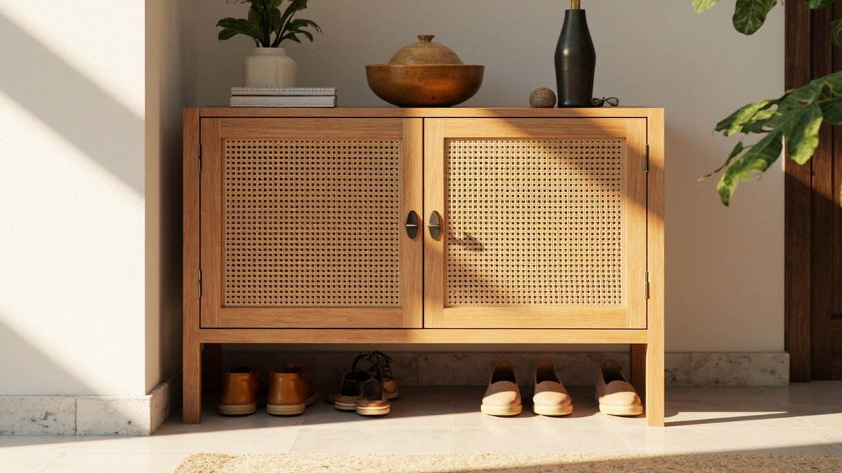 Illustrative concept design: teak-look shoe cabinet with woven rattan doors on legs, with shoes lined up underneath