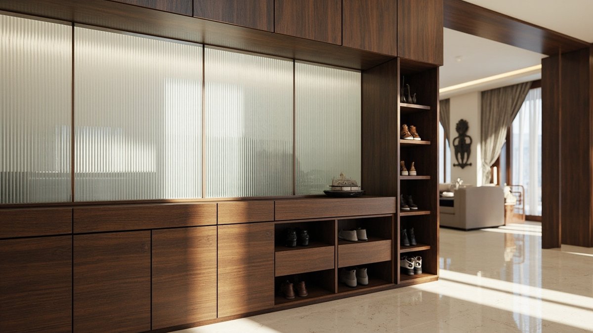 Illustrative concept design: dark oak shoe cabinet with open shoe shelves and a fluted glass screen between the entrance and living room