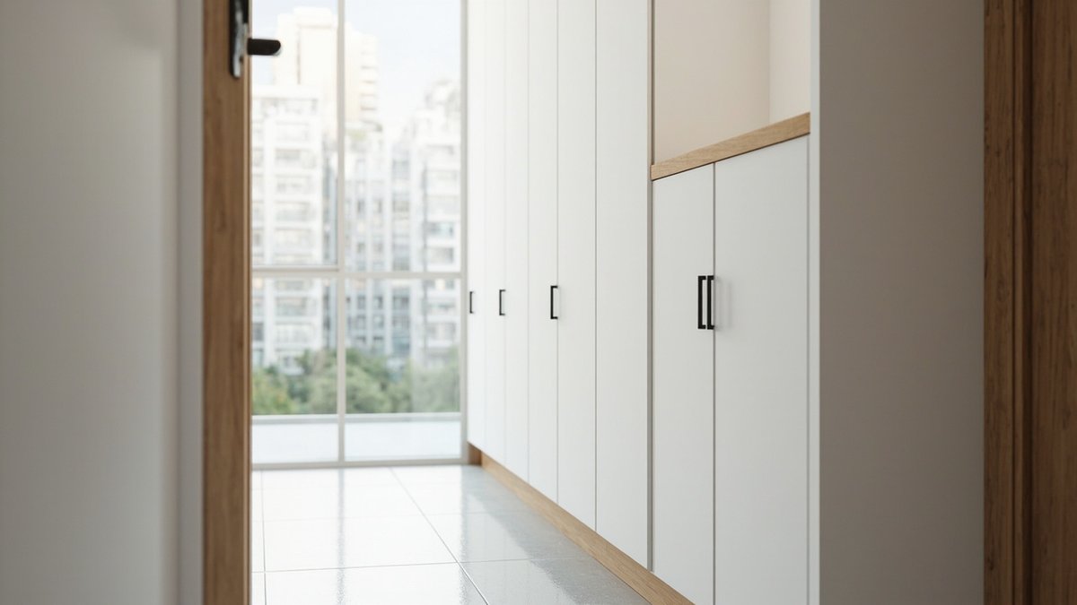 Illustrative concept design: tall shallow white shoe cabinets with black bar handles along a narrow condo corridor
