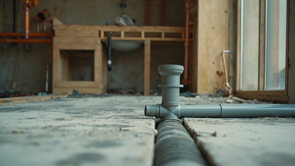 New drain pipe laid to a fall and supply pipes on the wall during a shoplot plumbing fit-out