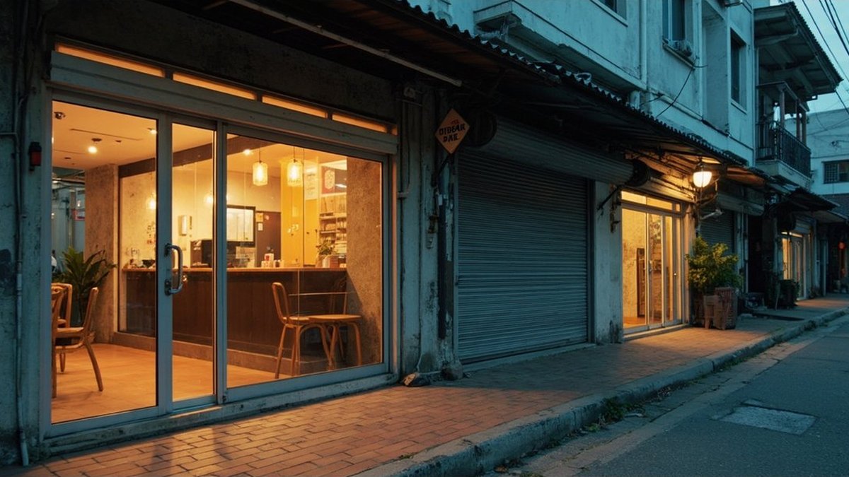 店屋的铝框玻璃门面、咖啡馆折叠玻璃门面与网格铁卷门