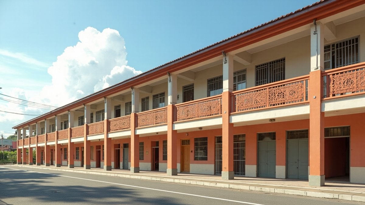Ilustrasi konsep reka bentuk: deretan rumah kedai dua tingkat yang panjang dicat oren terracotta dan putih pudar dengan panel balkoni berhias