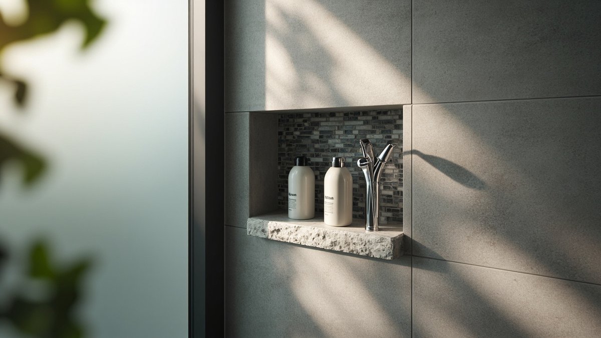 Tiled shower niche with a stone sill and mosaic back panel in a condo bathroom