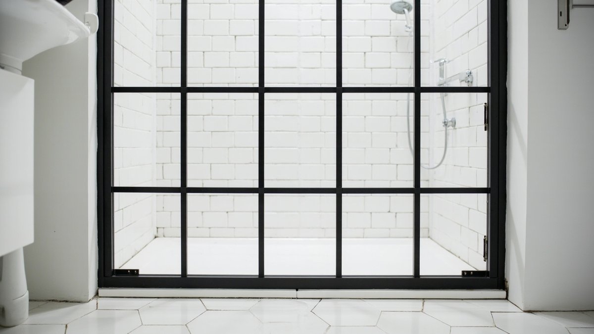 Illustrative concept design: black grid framed glass shower screen across a white brick-tiled shower with hexagon floor tiles