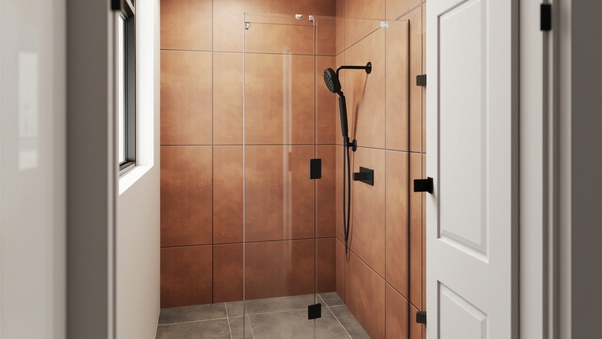 Illustrative concept design: frameless clear glass shower screen with matt black hinges against terracotta wall tiles