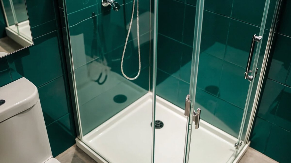 Illustrative concept design: square corner glass shower enclosure on a white tray against deep green glossy wall tiles