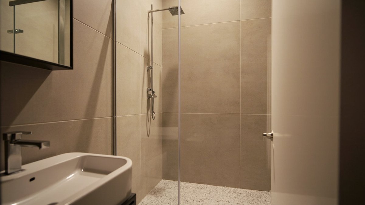 Illustrative concept design: single fixed clear glass splash panel part-way along a walk-in shower with taupe tiles