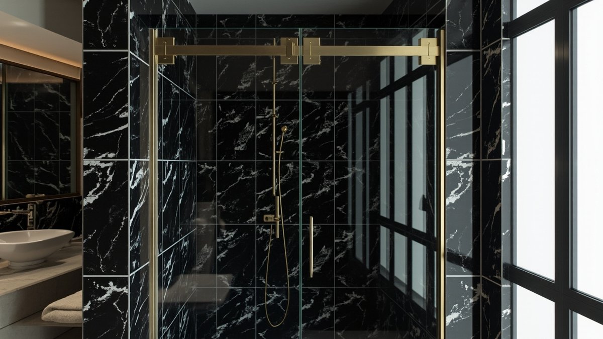 Illustrative concept design: frameless glass shower door hanging from a brushed brass top rail against black marble-look tiles