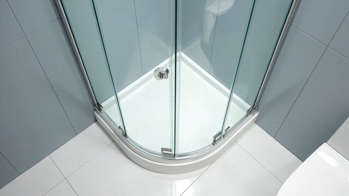 Illustrative concept design: curved quadrant glass shower enclosure with sliding doors on a corner tray in a pale blue-grey bathroom
