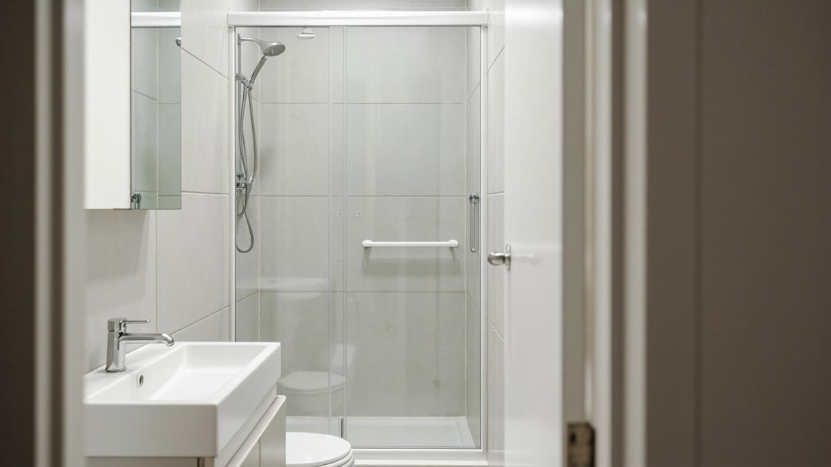 Illustrative concept design: white aluminium framed two-panel sliding shower screen in a small pale grey tiled bathroom