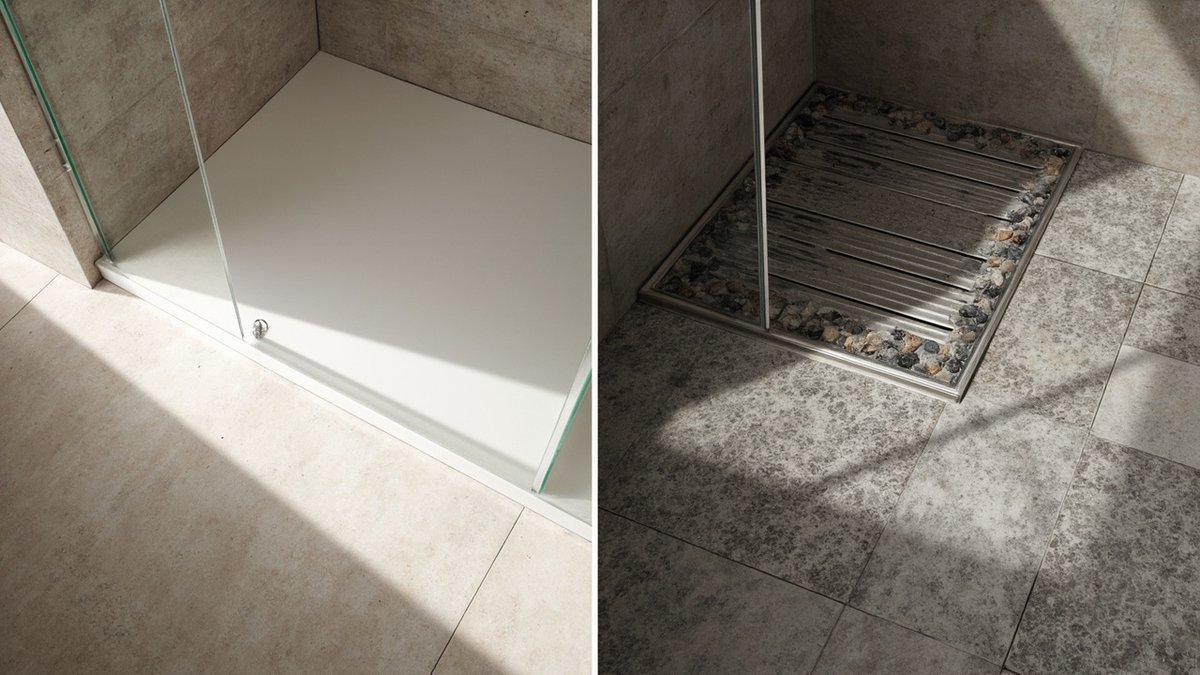 A white shower tray beside a mosaic tiled shower floor with a linear drain