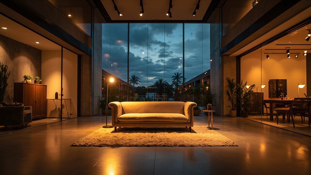 Furniture showroom room set under track spotlights with a polished concrete floor