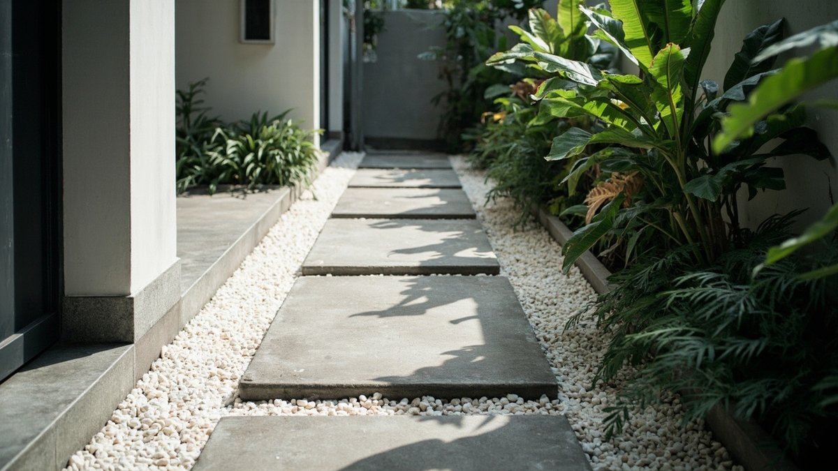 Slab path in gravel along the side of a semi-D house with shade plants against the boundary wall