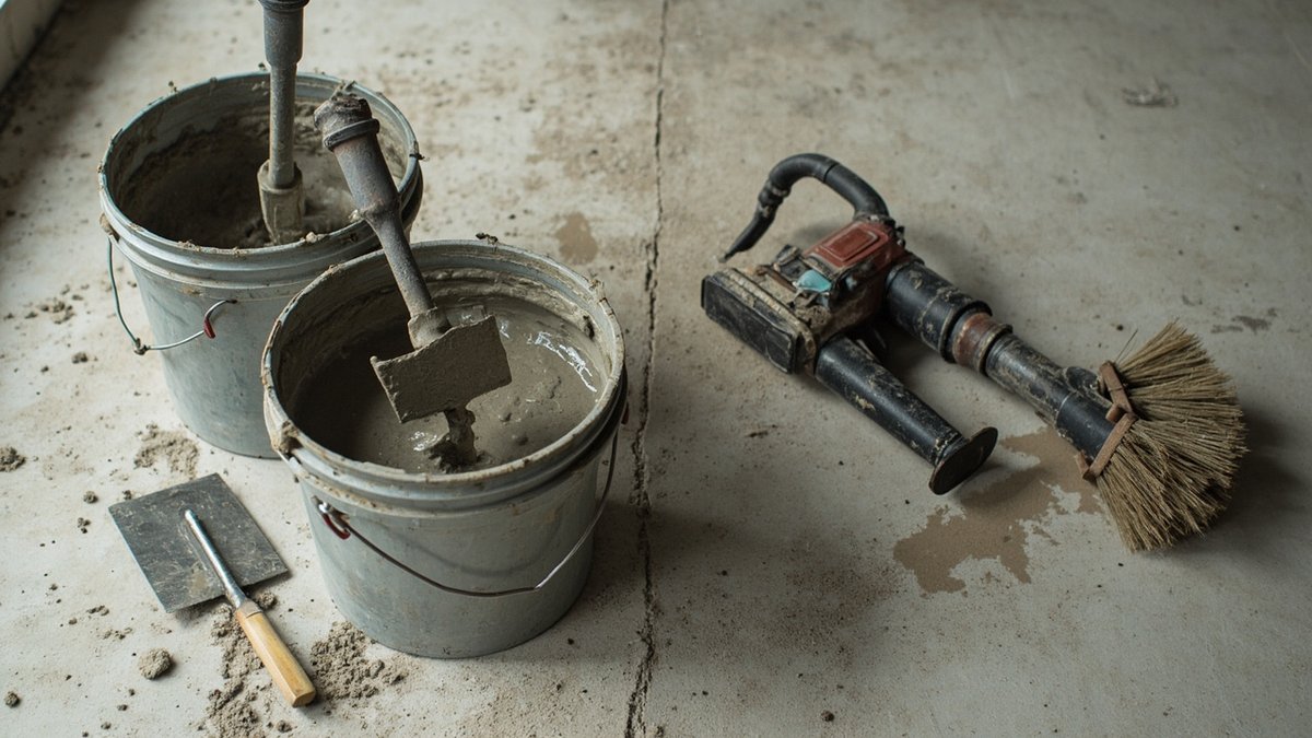 Two pails of grey cementitious waterproofing slurry with mixing paddle and trowel