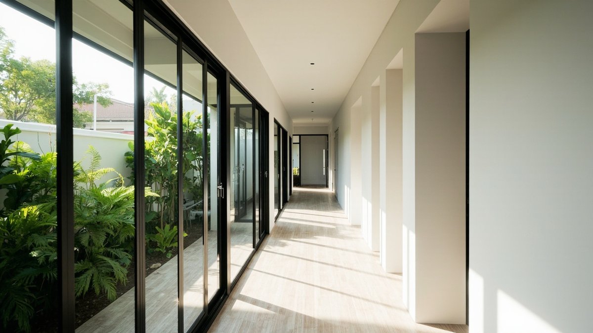 Illustrative concept design: long corridor with black-framed glass doors along one side onto a fern garden