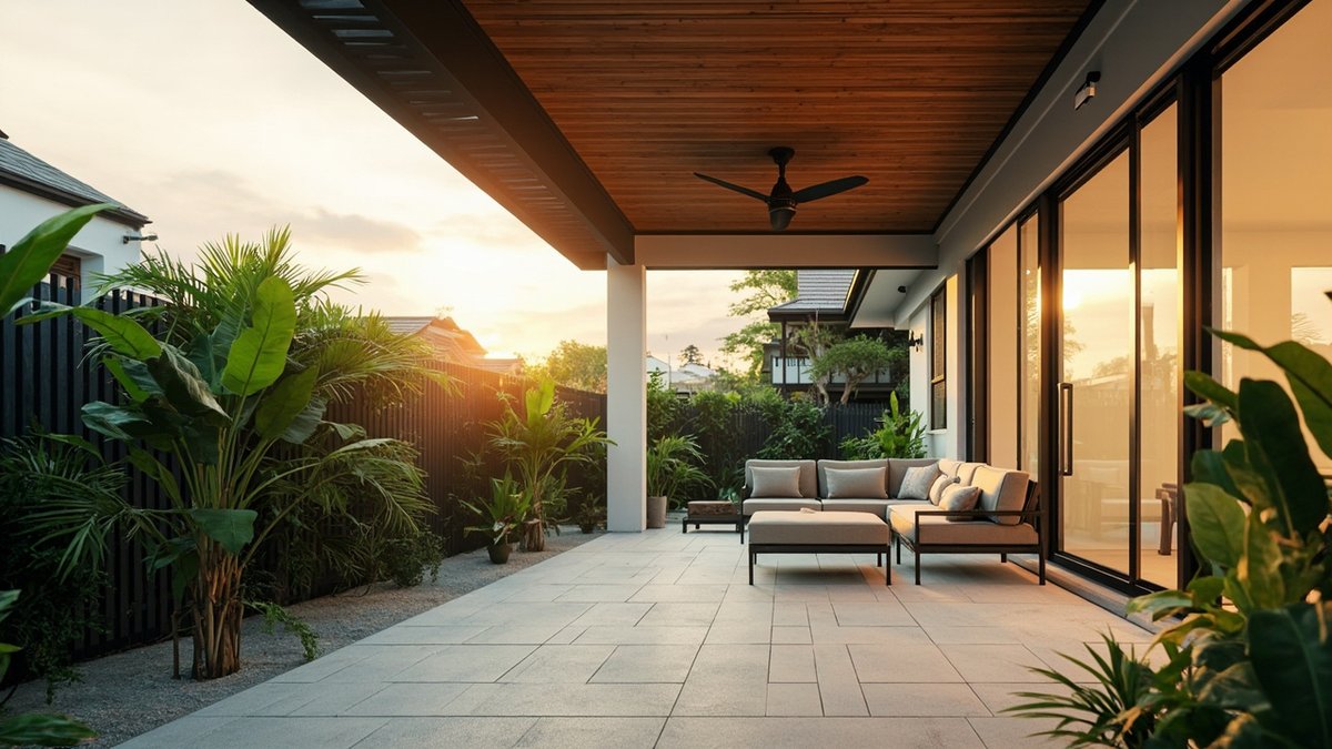 Illustrative concept design: covered patio with a timber-lined ceiling, a ceiling fan and an outdoor sofa set