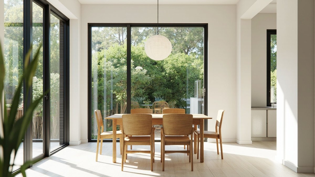 Illustrative concept design: oak dining table under a paper globe pendant in front of large black-framed garden windows