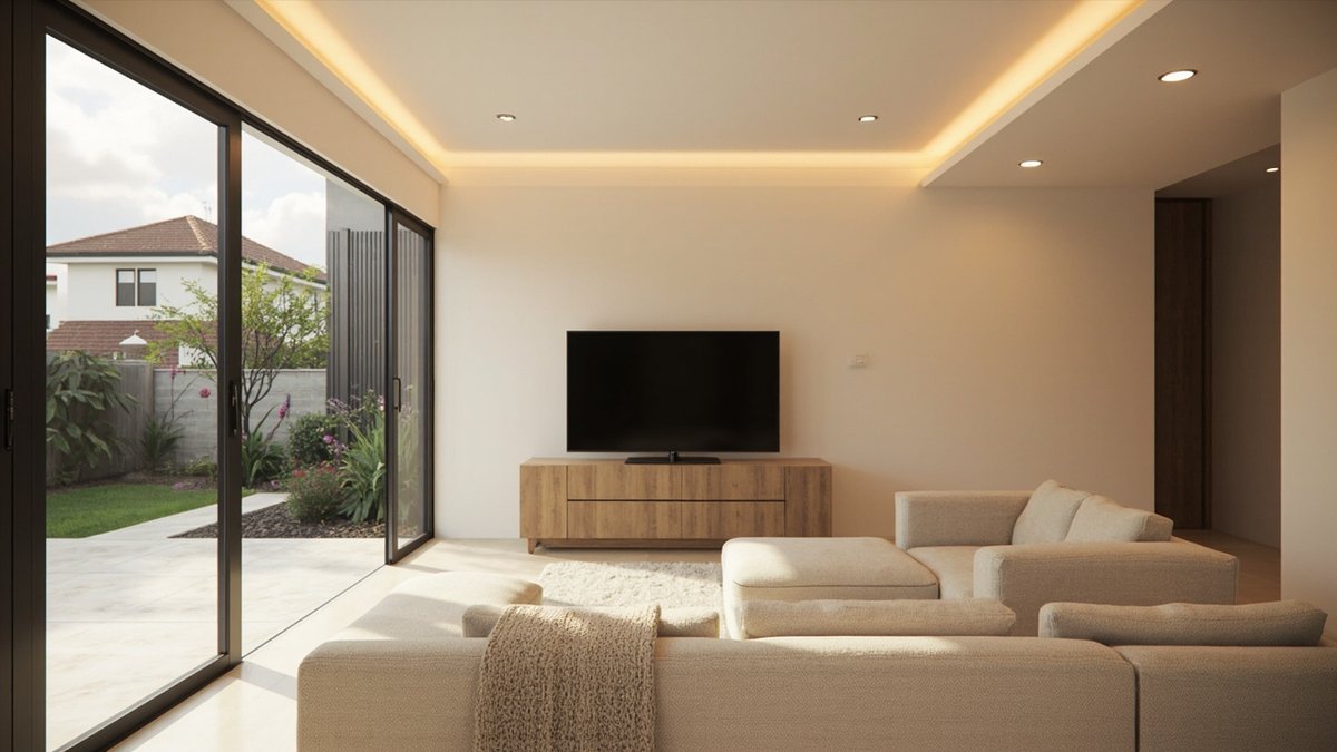 Illustrative concept design: family room with a cove-lit flat ceiling, cream sofas and glass doors to a garden