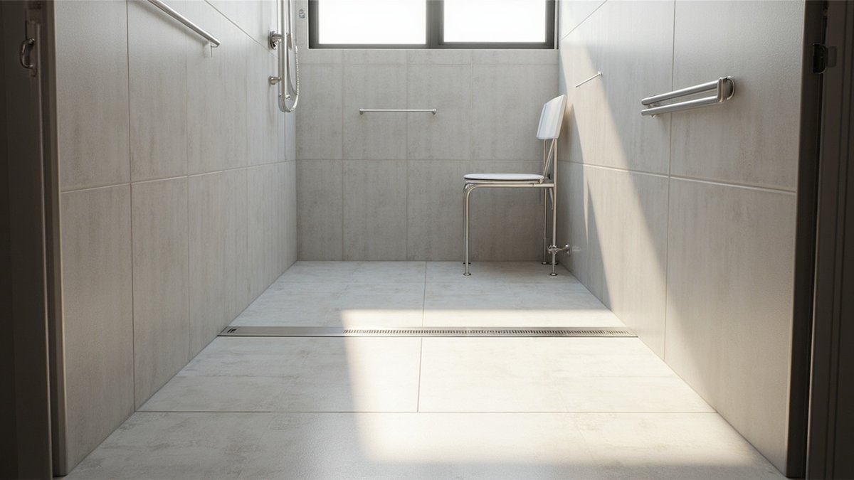 Illustrative concept design: level-floor shower room with a linear drain, a shower seat and grab bars on both walls