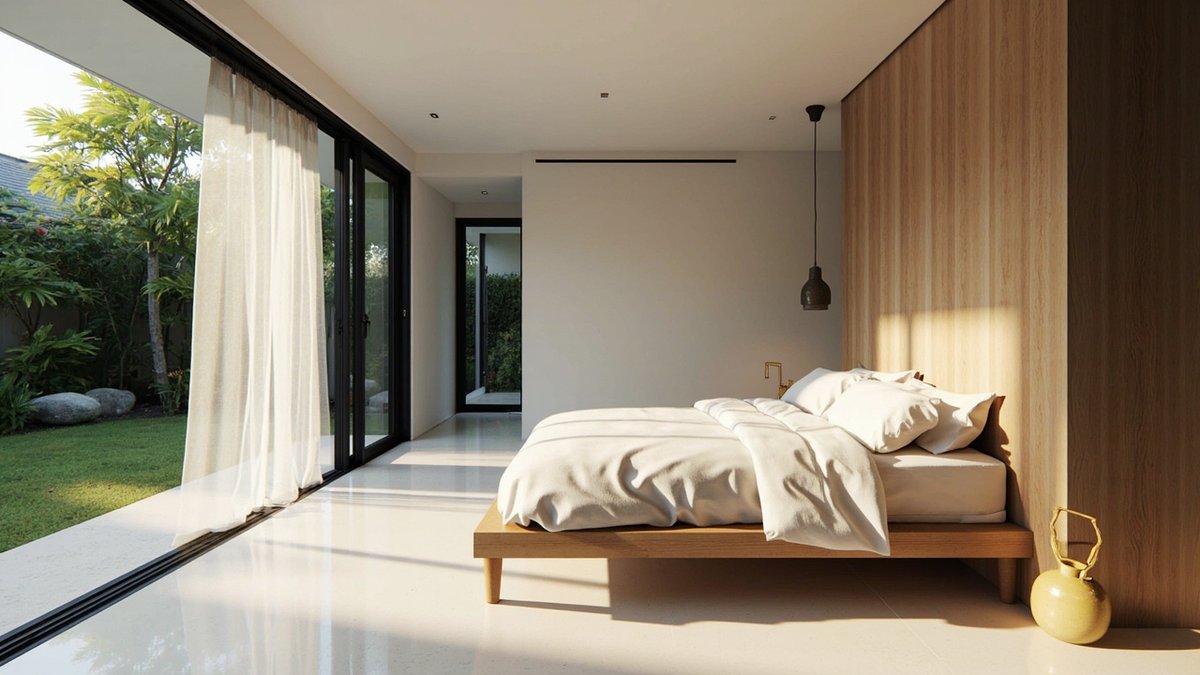 Illustrative concept design: low oak bed beside full-height glass doors and a sheer curtain opening onto a lawn