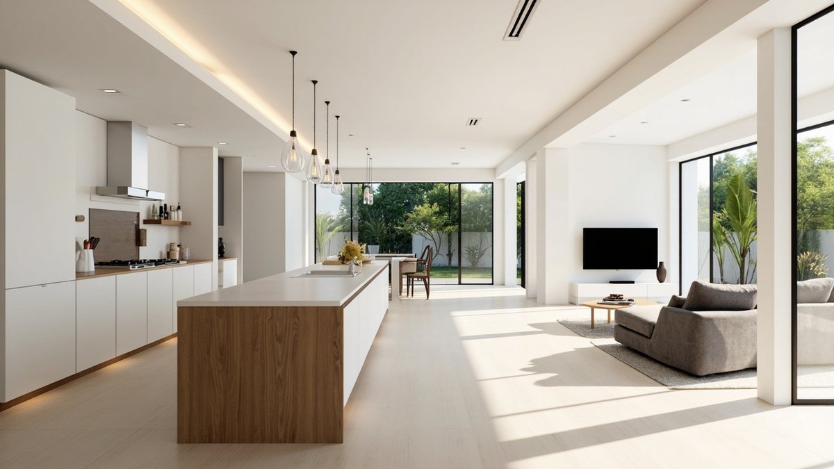 Illustrative concept design: white kitchen with a walnut-fronted island running into a family area with garden glass doors