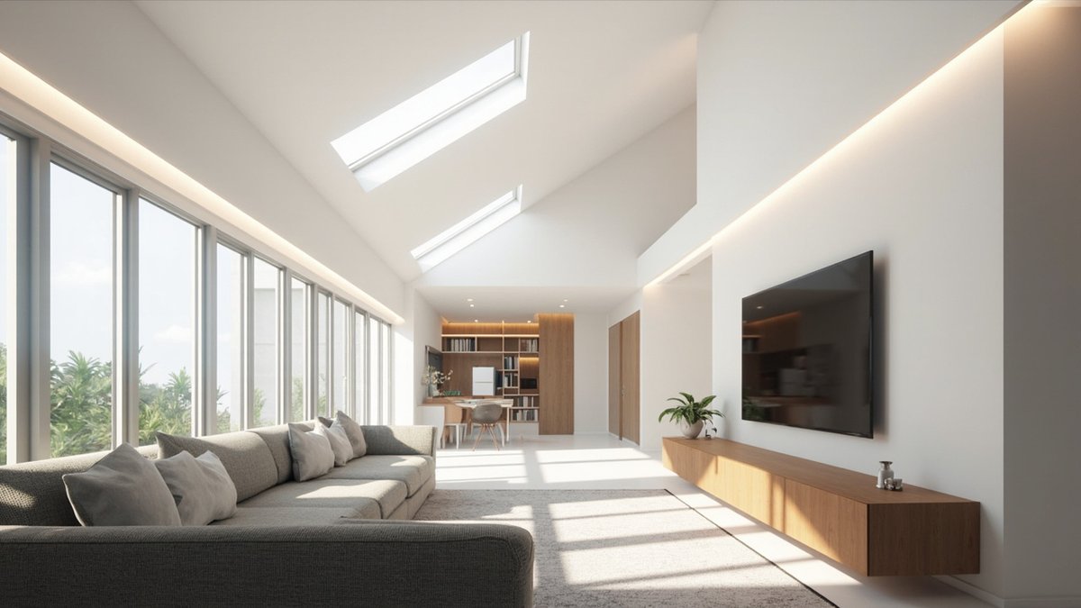 Illustrative concept design: living hall under a raked white ceiling with two roof lights, a long row of windows and a grey sofa