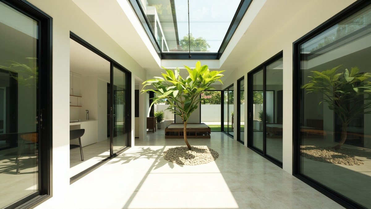 Illustrative concept design: courtyard under a glass roof with a young tree in a circle of pebbles and glass doors on both sides