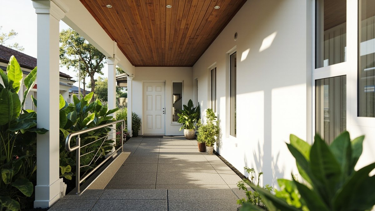 Illustrative concept design: covered side walkway with a timber-lined ceiling and a short ramp with a stainless handrail