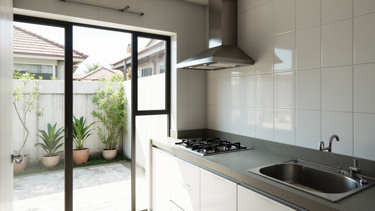 Illustrative concept design: white-tiled wet kitchen with a gas hob, hood and sink beside a glass side door onto a paved yard
