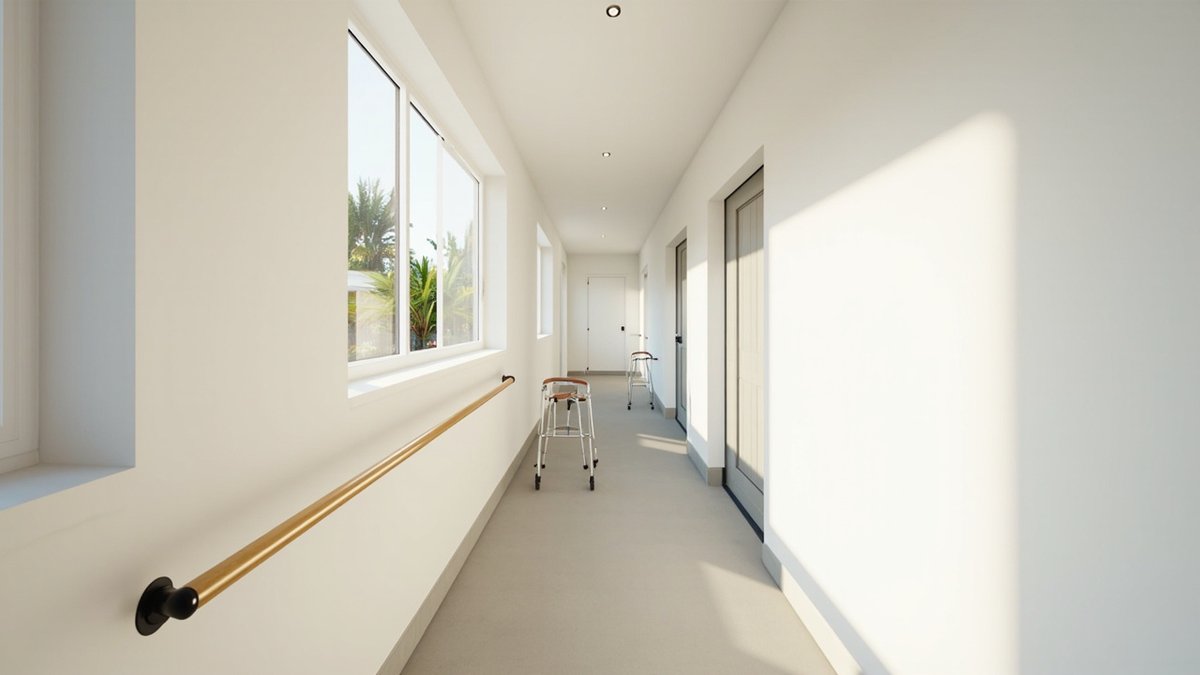 Illustrative concept design: wide white passage with a timber handrail under the side windows and flush doors