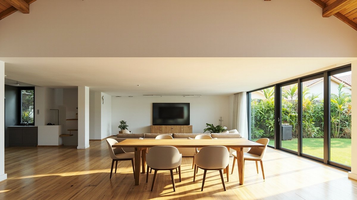 Illustrative concept design: open dining and living hall with a timber dining table, glass sliding doors along the garden side and timber roof beams at the ceiling edges