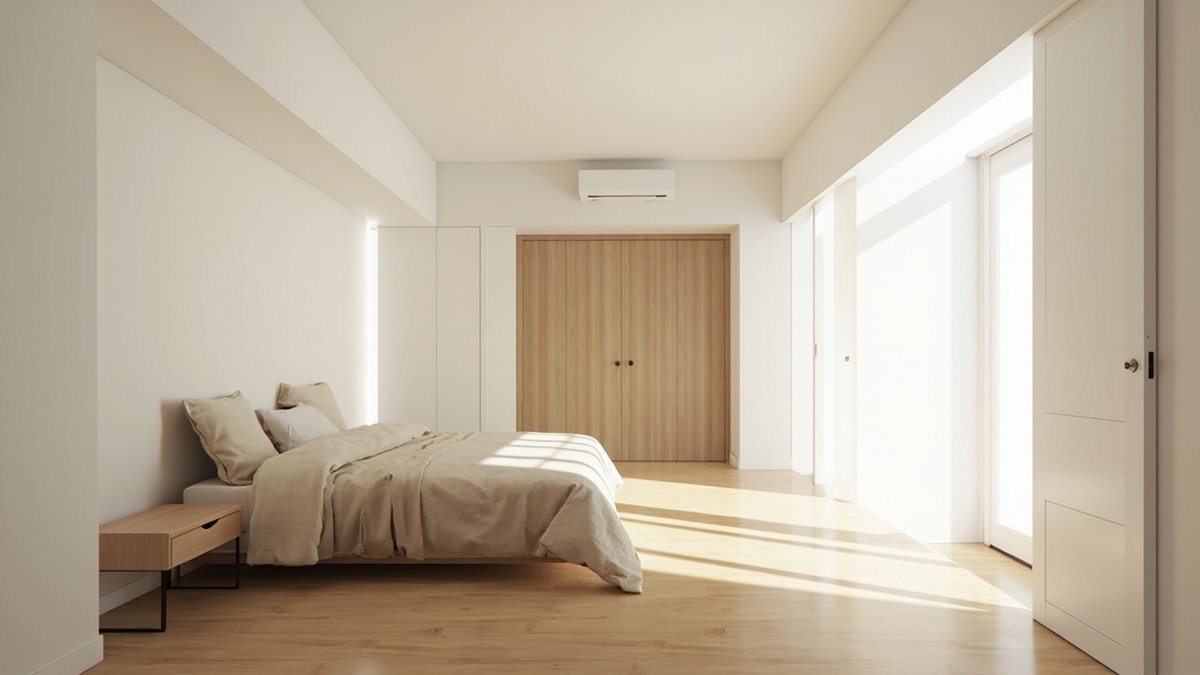 Ilustrasi konsep reka bentuk: bilik tidur utama yang panjang dengan katil linen dan pintu almari berkembar oak cerah di hujung