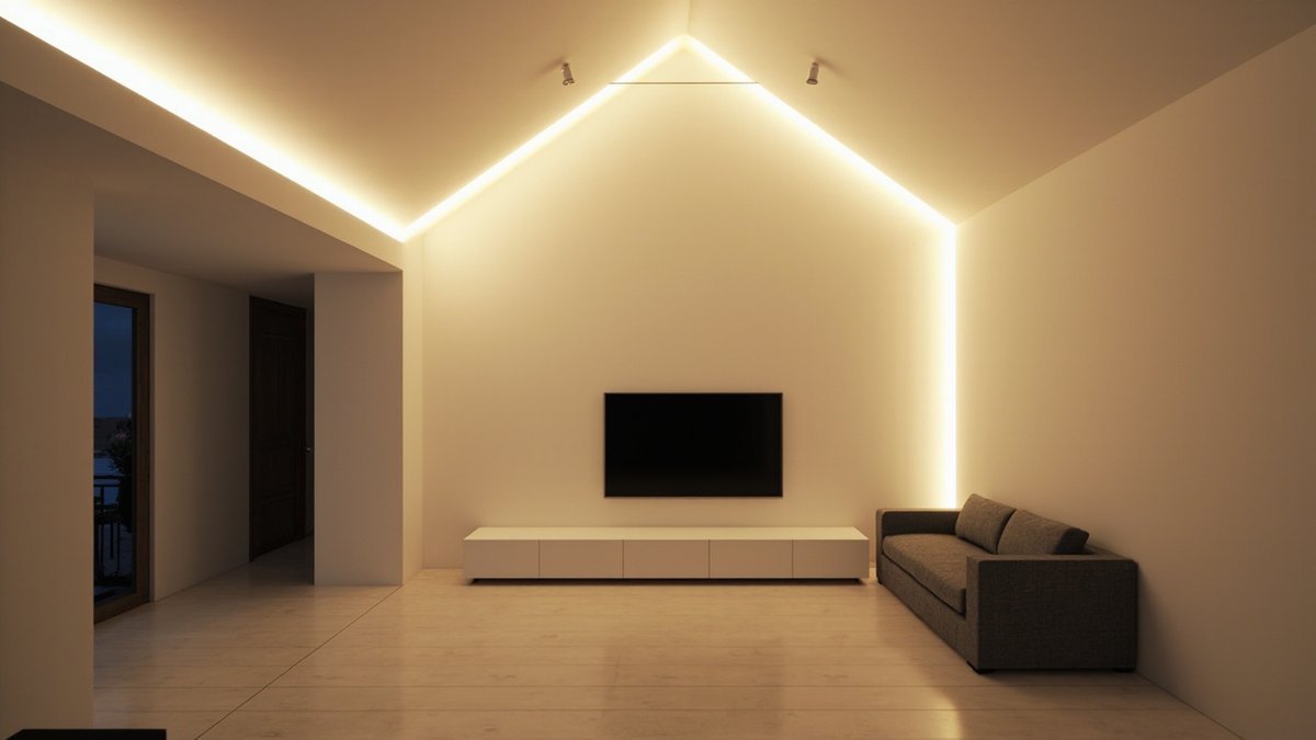 Ilustrasi konsep reka bentuk: ruang tamu di bawah siling putih bercerun berlampu jalur LED hangat, konsol TV dan sofa kelabu