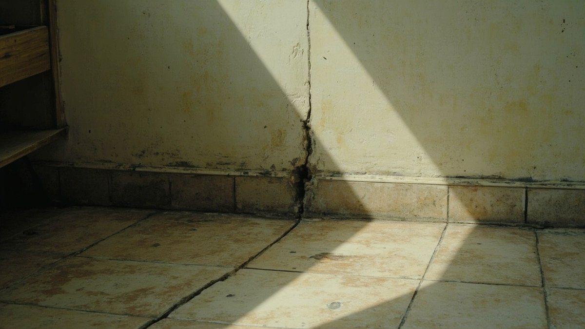 Kitchen floor tiles cracked in a line with a gap opening under the wall skirting