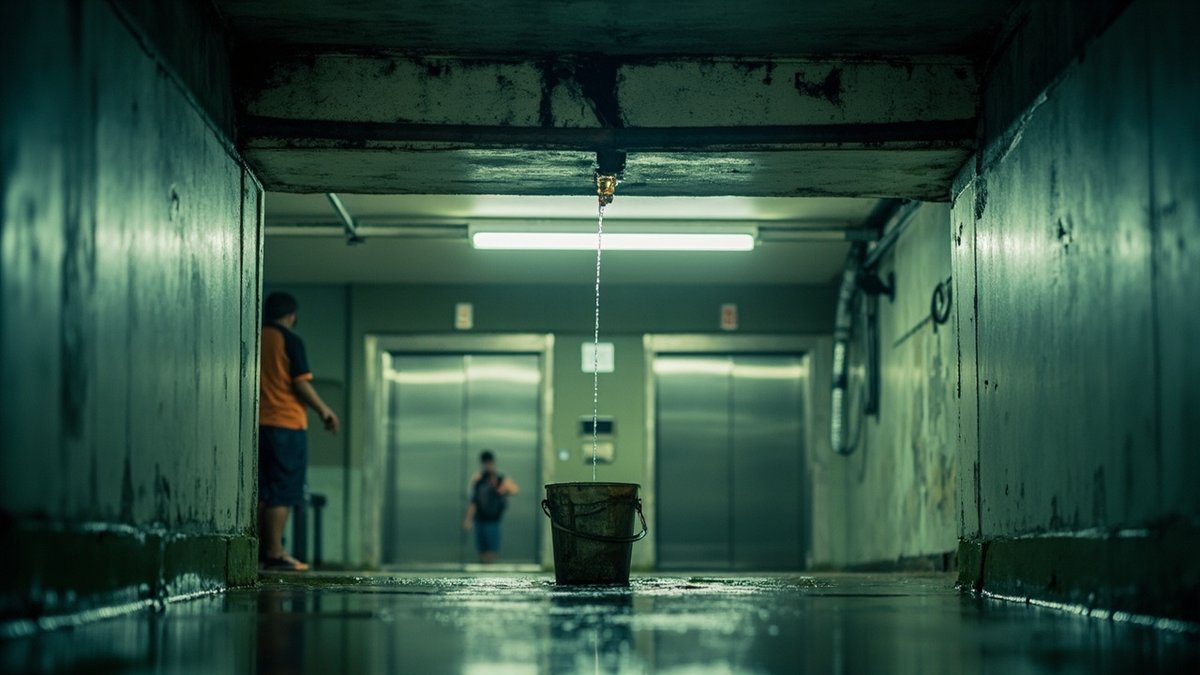 Cracked ceiling and a dripping pipe in a condo lift lobby, sign of neglect