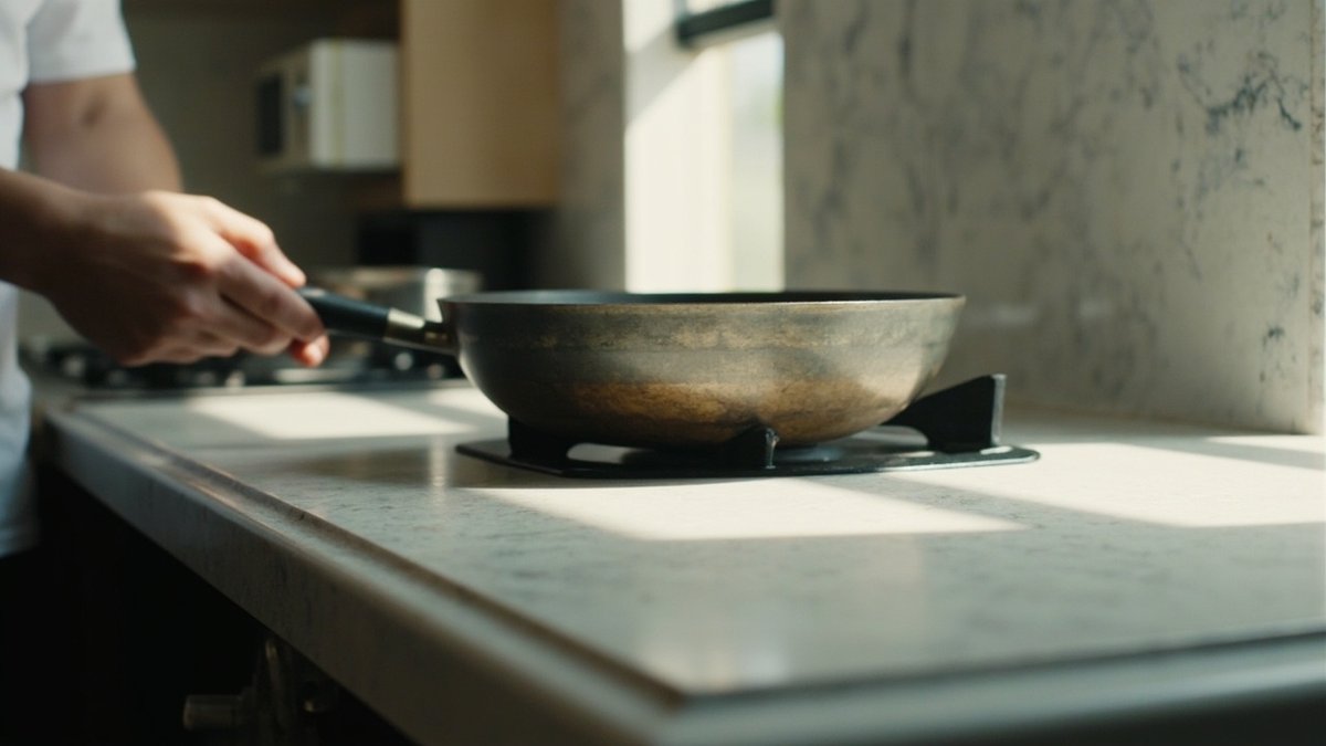 Marble-look sintered stone wet kitchen counter with a wok resting beside the gas hob