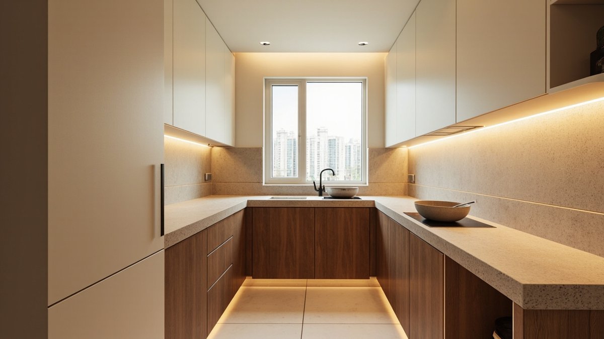 Ilustrasi konsep reka bentuk: dapur bentuk U dengan top batu sinter rupa batu kapur beige dan kabinet bawah kemasan walnut