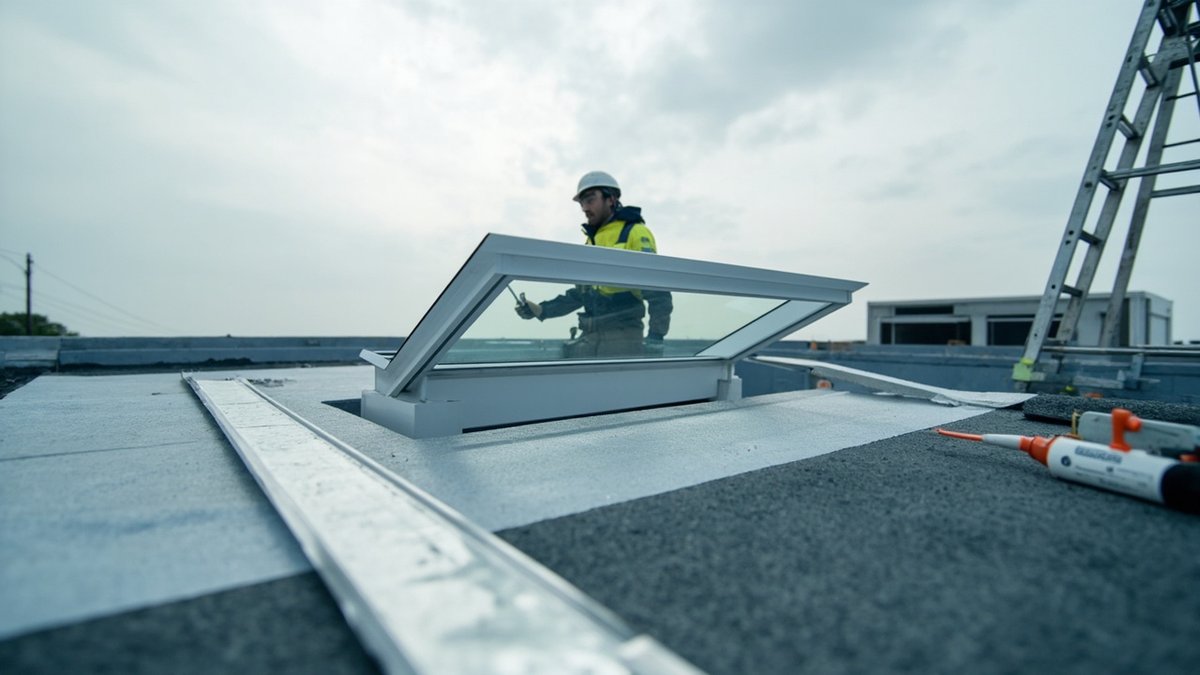 Glass skylight being fitted into a roof opening with flashing seals nearby