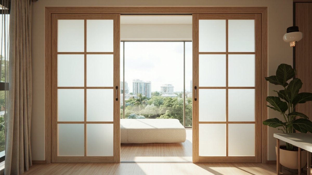 Ilustrasi konsep reka bentuk: sepasang pintu gelangsar grid kayu cerah dengan panel frosted terbuka ke bilik tetamu