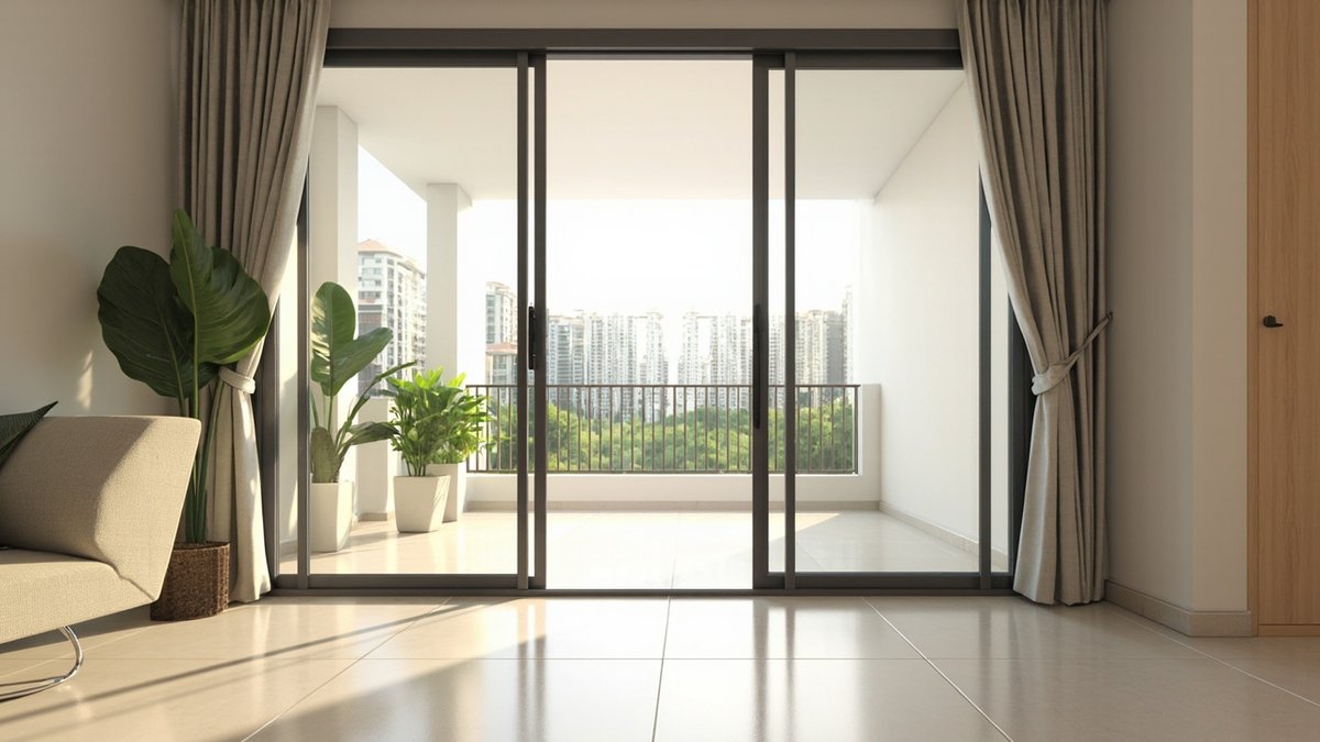 Illustrative concept design: condo living room with a dark-framed three-panel sliding glass door to the balcony