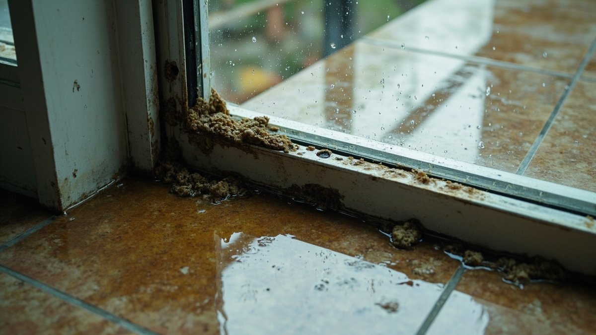 Rainwater pooling in a sliding door track with blocked weep holes