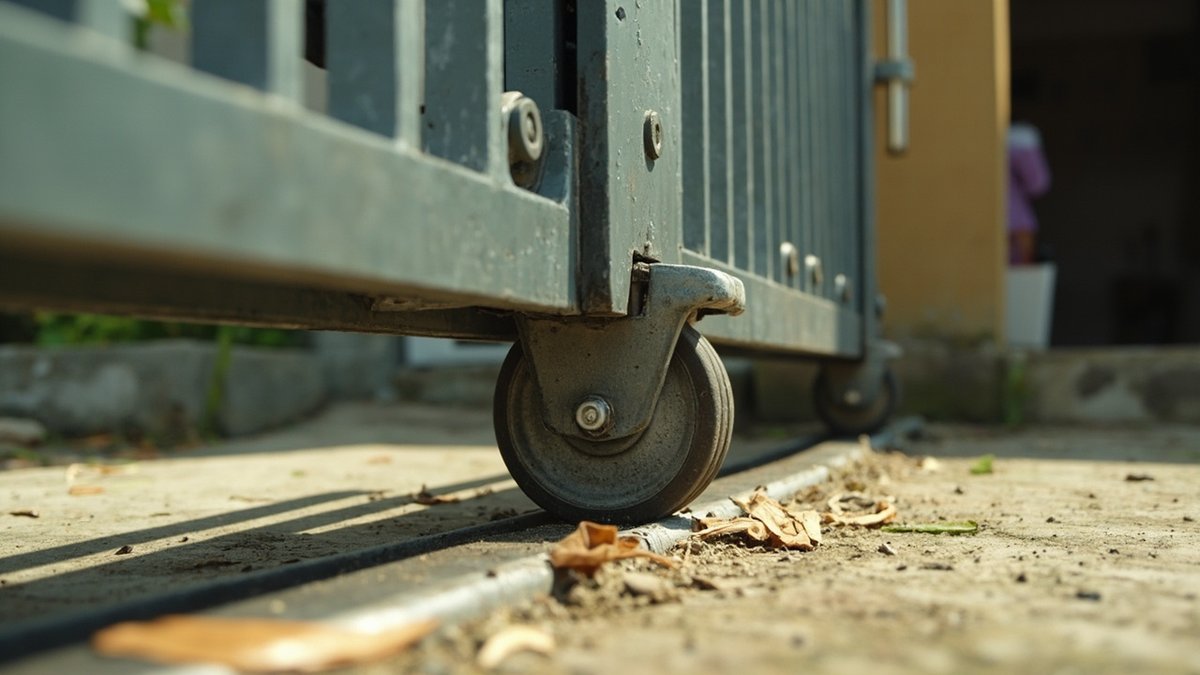 Roda pintu pagar gelongsor di atas landasan yang dipenuhi pasir dan daun, roller panduan atas di belakang