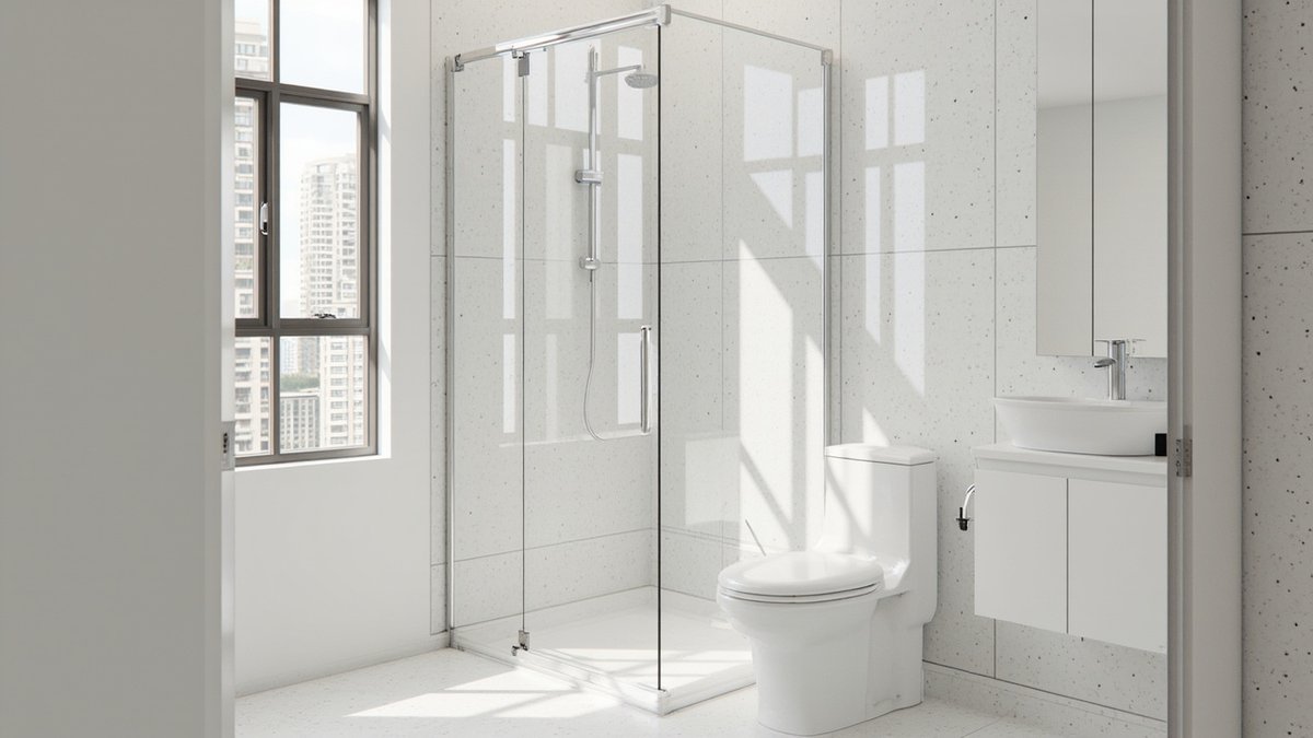 Ilustrasi konsep reka bentuk: shower sudut kaca jernih berpintu pivot di sebelah tandas dengan jubin rupa terrazzo putih dalam bilik air kondo kecil