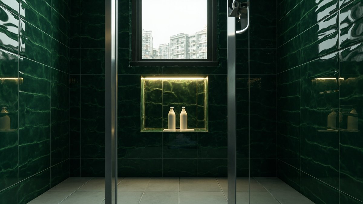 Ilustrasi konsep reka bentuk: niche berlampu pada dinding shower hijau gelap rupa marmar berkilat dalam bilik air rumah teres