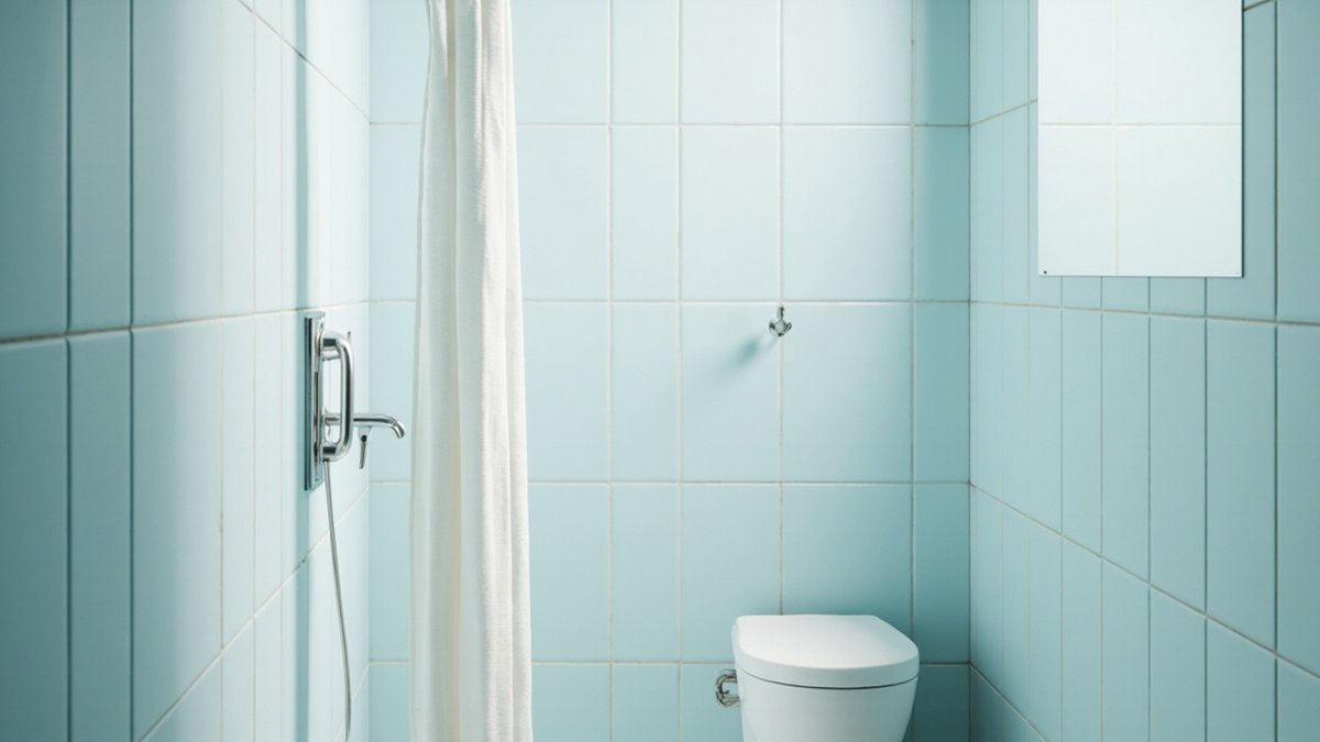 Ilustrasi konsep reka bentuk: langsir shower putih di antara shower dan tandas dalam bilik air berjubin biru pucat