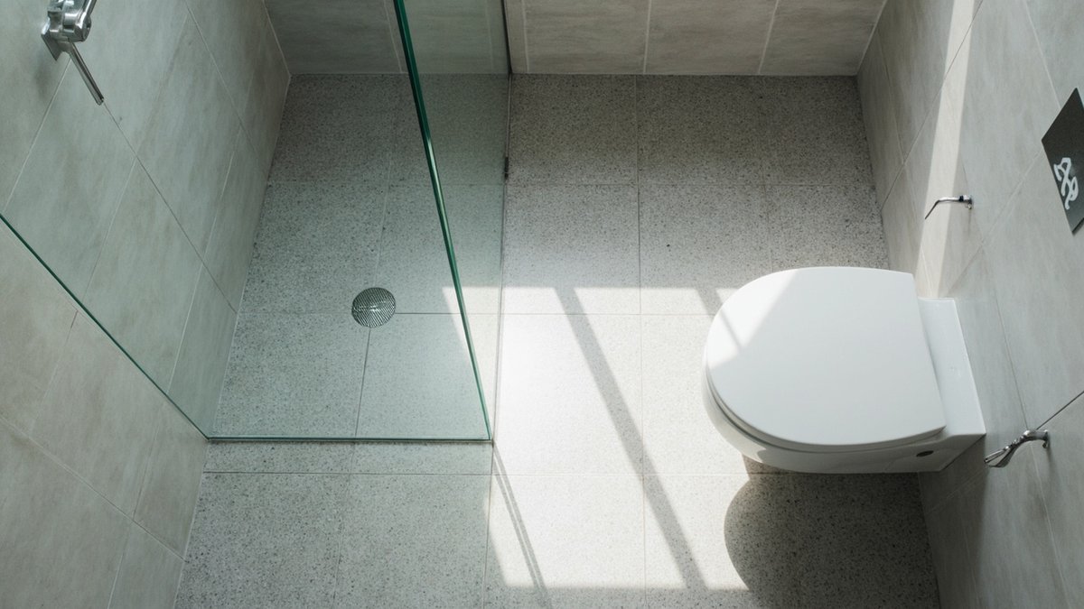Compact bathroom split into a wet shower corner and a dry basin area by a glass screen
