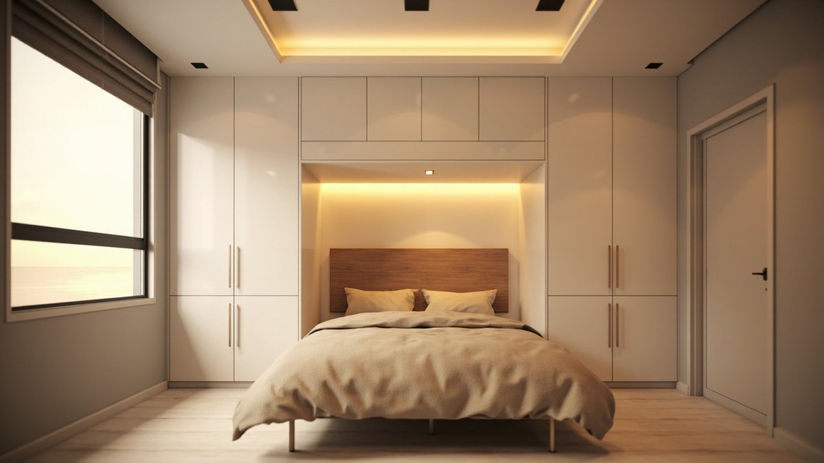 Illustrative concept design: double bed in an alcove between two tall white wardrobes joined by a bridge cabinet with a warm light strip