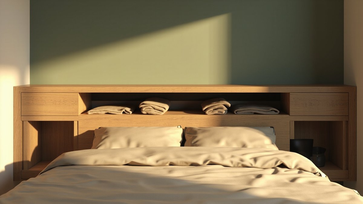 Illustrative concept design: low oak headboard cabinet with an open shelf, two drawers and side cubbies under a sage green wall
